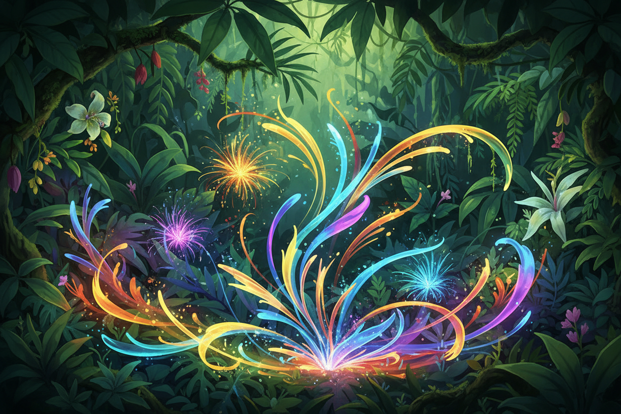 bitte erstelle mir ein bild mit ein wenig abstraktem feuerwerk und pflanzen im hintergrund